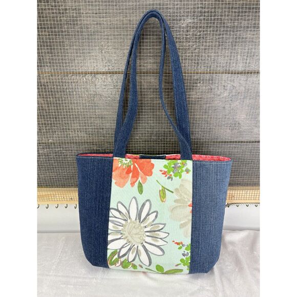 Handmade Upcycled Denim Tote Bag, linened with cotton materials. - Picture 2 of 11